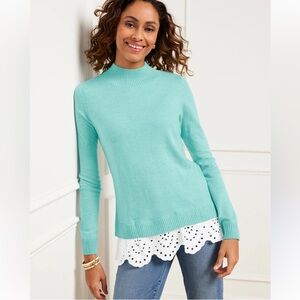 Talbots Blue Aqua Eyelet Hem Mockneck Pullover Sweater